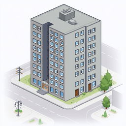 A pixel art depiction of a Khrushchyovka apartment building, featuring a detailed façade with gray tones