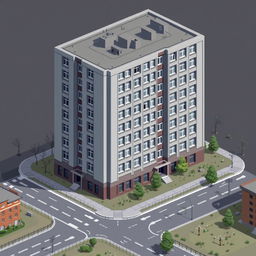 A pixel art depiction of a Khrushchyovka apartment building, featuring a detailed façade with gray tones