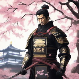 Generate an image of a regal samurai, impeccably dressed in black armor accentuated by rich golden details