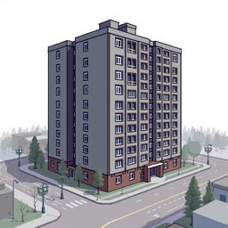 A pixel art depiction of a Khrushchyovka apartment building, featuring a detailed façade with gray tones