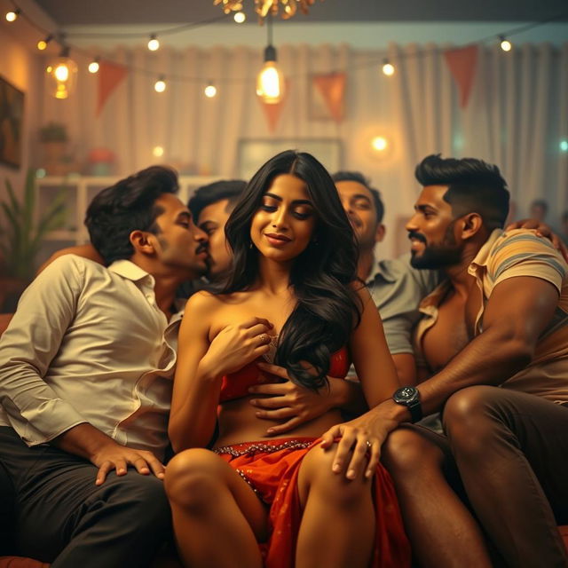 A sultry scene set at a lively house party featuring an Indian woman on a cozy couch surrounded by multiple men