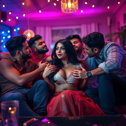 A sultry scene set at a lively house party featuring an Indian woman on a cozy couch surrounded by multiple men