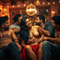 A sultry scene set at a lively house party featuring an Indian woman on a cozy couch surrounded by multiple men