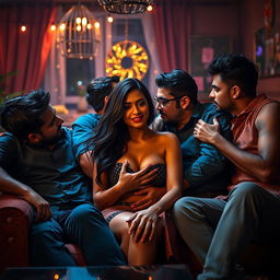 A sultry scene set at a lively house party featuring an Indian woman on a cozy couch surrounded by multiple men