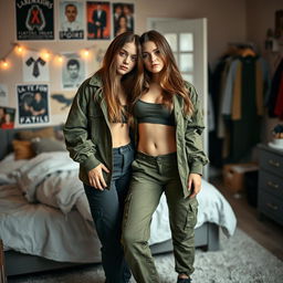 A German 18-year-old girl with brown long hair, wearing a cropped army jacket that is open to reveal a matching army crop top, army cargo pants, and army shoes