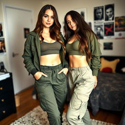 A German 18-year-old girl with brown long hair, wearing a cropped army jacket that is open to reveal a matching army crop top, army cargo pants, and army shoes