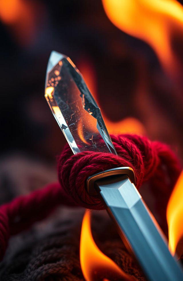 A detailed close-up of a sharp glass shard resting on a red wool arm chain, which is elegantly wrapped around the handle of a silver knife