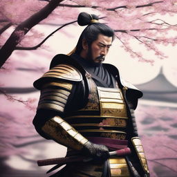 Generate an image of a regal samurai, impeccably dressed in black armor accentuated by rich golden details