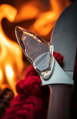 A detailed close-up of a sharp glass shard resting on a red wool arm chain, which is elegantly wrapped around the handle of a silver knife