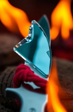 A detailed close-up of a sharp glass shard resting on a red wool arm chain, which is elegantly wrapped around the handle of a silver knife