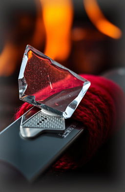 A detailed close-up of a sharp glass shard resting on a red wool arm chain, which is elegantly wrapped around the handle of a silver knife