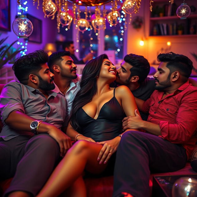 A sultry scene featuring a modern Indian woman at a vibrant house party, lounging on a stylish couch surrounded by multiple men