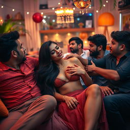 A sultry scene featuring a modern Indian woman at a vibrant house party, lounging on a stylish couch surrounded by multiple men