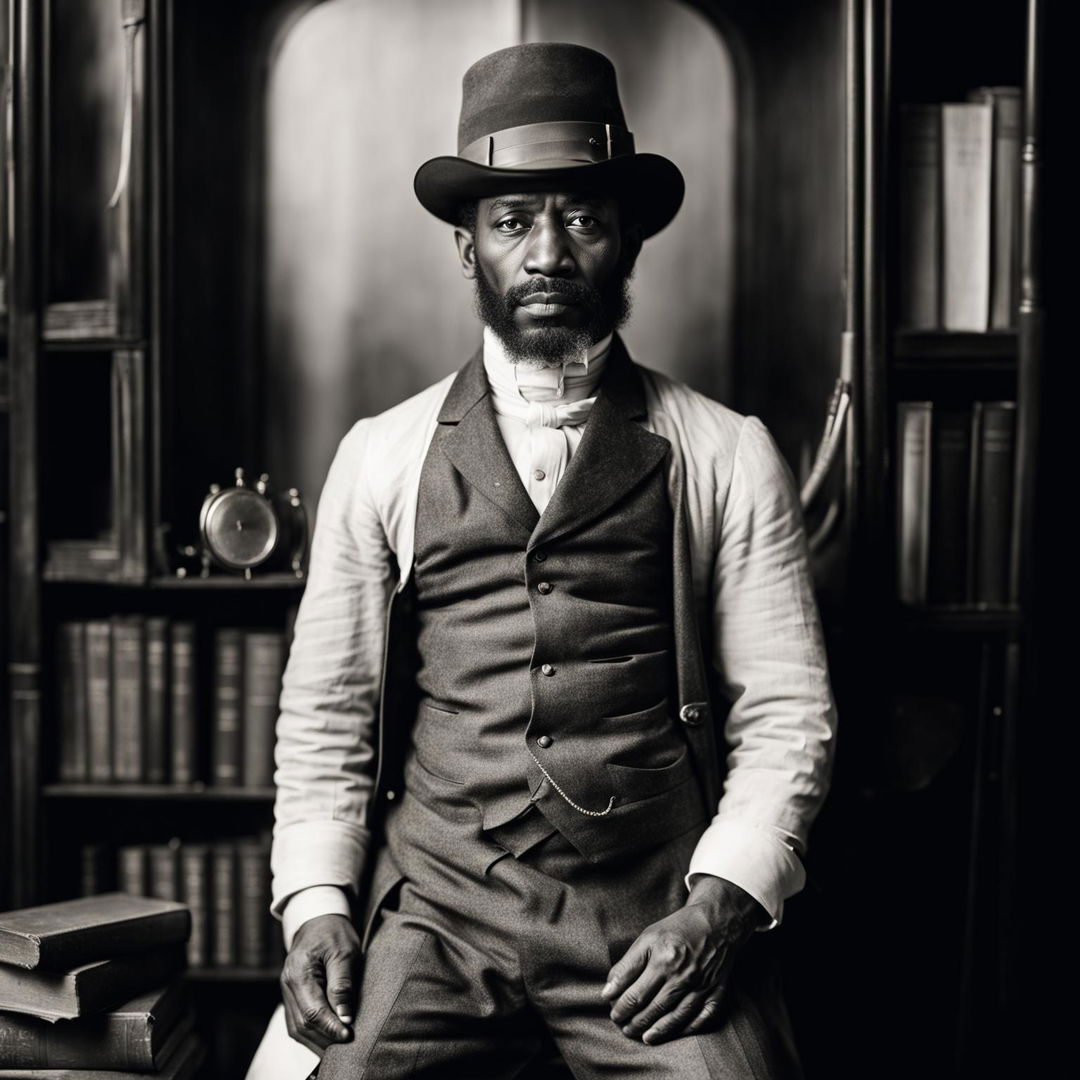 Sepia-toned 1800s photograph of a distinguished black man in a three-piece suit, holding a top hat and cane, standing in a room with wooden paneling and a bookshelf filled with leather-bound books