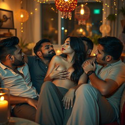A sultry scene featuring a modern Indian woman at a vibrant house party, lounging on a stylish couch surrounded by multiple men