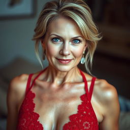 A stunning 50-year-old woman with captivating blue eyes, wearing a red lace camisole with a plunging neckline