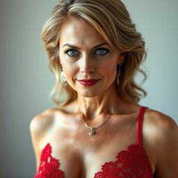 A stunning 50-year-old woman with captivating blue eyes, wearing a red lace camisole with a plunging neckline