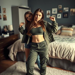 A German 18-year-old girl with brown long hair, wearing a cropped army jacket that is open to reveal a matching army crop top, army cargo pants, and army shoes