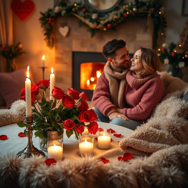 A charming and romantic scene for Valentine's Day, featuring a cozy, intimate setting