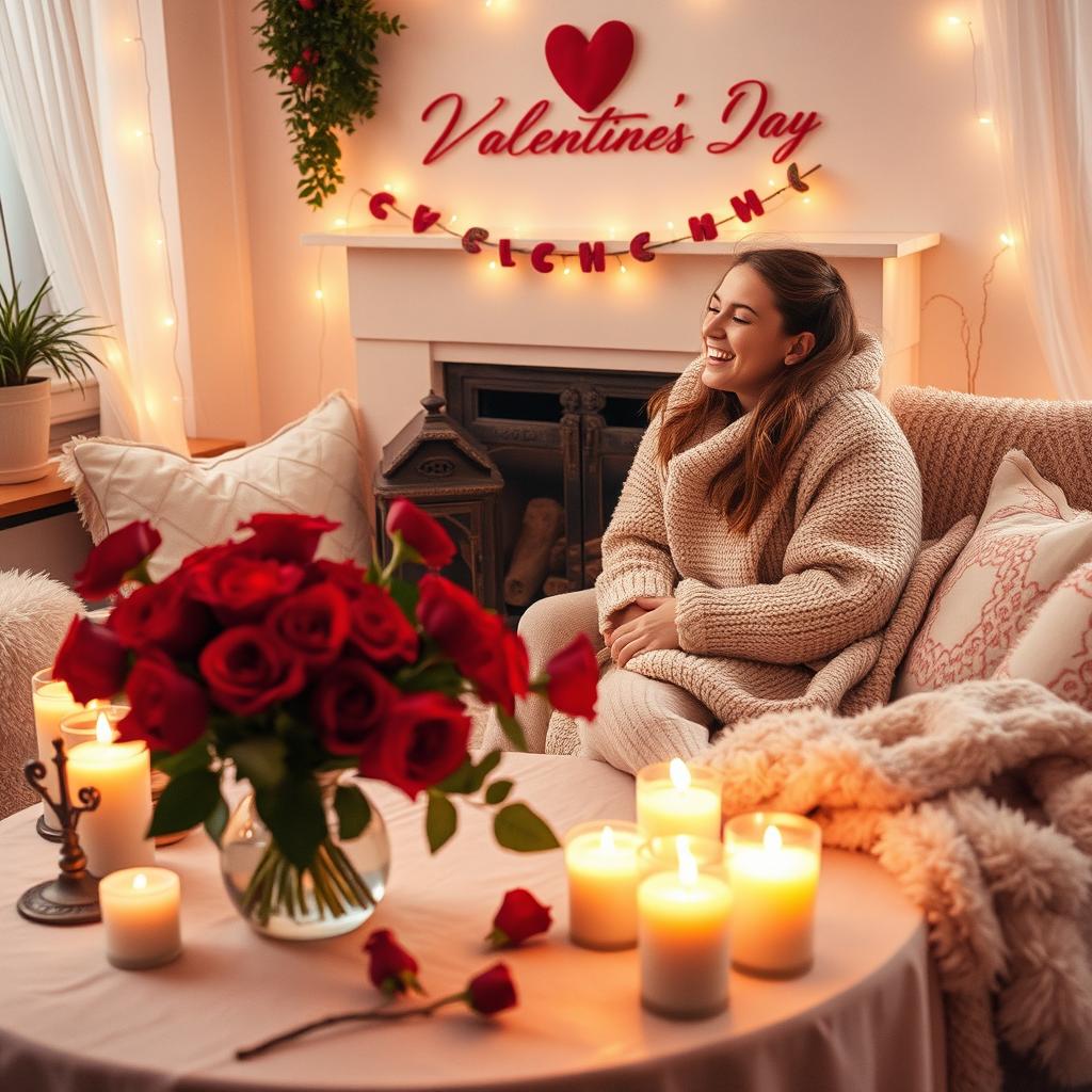 A charming and romantic scene for Valentine's Day, featuring a cozy, intimate setting