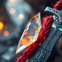 A fantasy-inspired close-up of a sharp glass shard resting on a red wool arm chain, intricately woven and attached to the handle of an ornate silver knife, decorated with mystical engravings