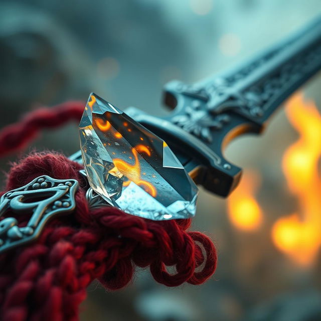 A fantasy-inspired close-up of a sharp glass shard resting on a red wool arm chain, intricately woven and attached to the handle of an ornate silver knife, decorated with mystical engravings