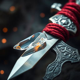 A fantasy-inspired close-up of a sharp glass shard resting on a red wool arm chain, intricately woven and attached to the handle of an ornate silver knife, decorated with mystical engravings