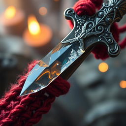 A fantasy-inspired close-up of a sharp glass shard resting on a red wool arm chain, intricately woven and attached to the handle of an ornate silver knife, decorated with mystical engravings