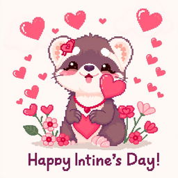 A cute ferret celebrating Valentine's Day, depicted in a charming pixel art style