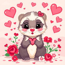 A cute ferret celebrating Valentine's Day, depicted in a charming pixel art style