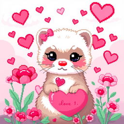 A cute ferret celebrating Valentine's Day, depicted in a charming pixel art style
