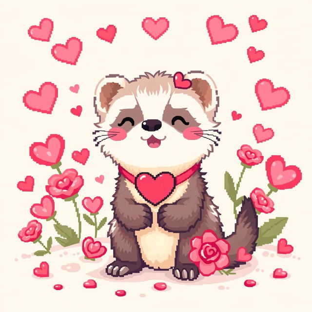 A cute ferret celebrating Valentine's Day, depicted in a charming pixel art style