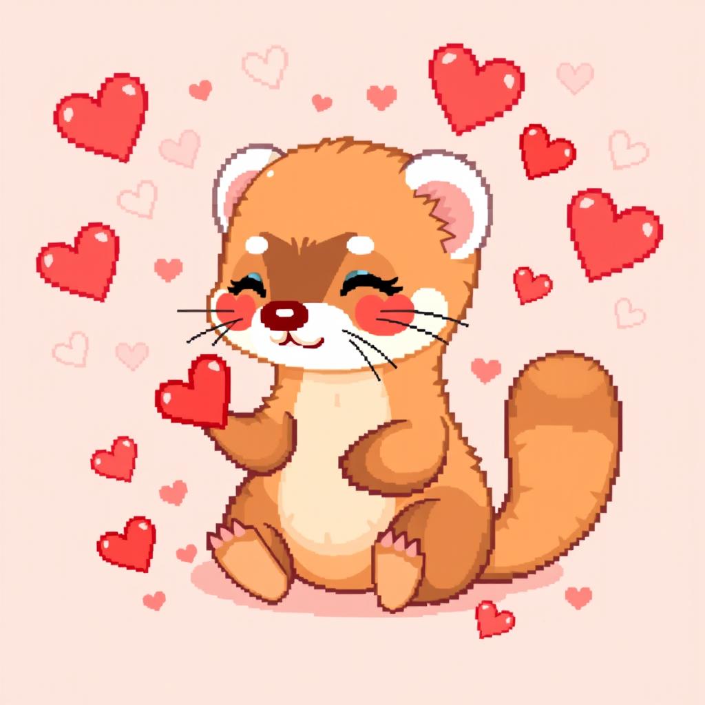 A cute ferret (or weasel) representing Valentine's Day, surrounded by hearts and love-themed decorations