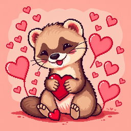 A cute ferret (or weasel) representing Valentine's Day, surrounded by hearts and love-themed decorations