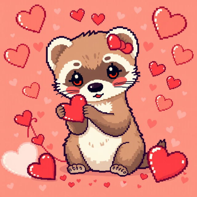 A cute ferret (or weasel) representing Valentine's Day, surrounded by hearts and love-themed decorations