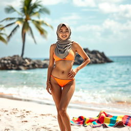 A beautiful Indonesian woman wearing a hijab, with her hair elegantly tucked away, showcasing a vibrant bikini that highlights her graceful figure