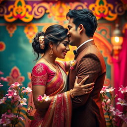 A passionately intimate scene showcasing a couple in a romantic embrace, set against a beautiful Indian backdrop with vibrant colors, decorated with traditional Indian motifs
