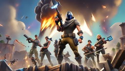 A Fortnite character in full battle gear stands amidst a chaotic battlefield in this 32k HD digital art piece designed for a YouTube thumbnail