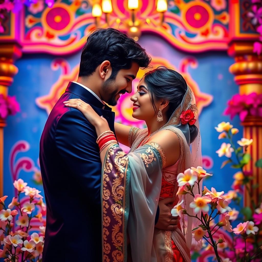 A passionately intimate scene showcasing a couple in a romantic embrace, set against a beautiful Indian backdrop with vibrant colors, decorated with traditional Indian motifs