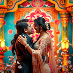 A passionately intimate scene showcasing a couple in a romantic embrace, set against a beautiful Indian backdrop with vibrant colors, decorated with traditional Indian motifs