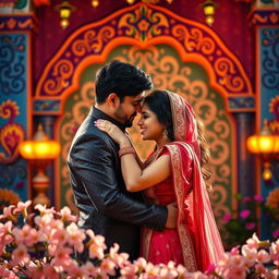 A passionately intimate scene showcasing a couple in a romantic embrace, set against a beautiful Indian backdrop with vibrant colors, decorated with traditional Indian motifs