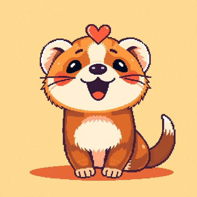 A cute ferret in pixel art style, featuring warm orange tones, illustrated with a happy expression and a heart above its head