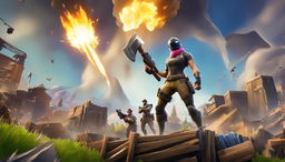 A Fortnite character in full battle gear stands amidst a chaotic battlefield in this 32k HD digital art piece designed for a YouTube thumbnail