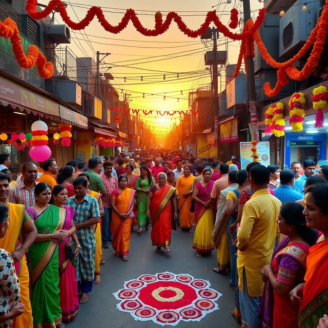 A vibrant and colorful Indian festival scene, showcasing a crowded street adorned with traditional decorations, including colorful lights and flower garlands