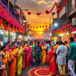 A vibrant and colorful Indian festival scene, showcasing a crowded street adorned with traditional decorations, including colorful lights and flower garlands