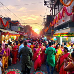 A vibrant and colorful Indian festival scene, showcasing a crowded street adorned with traditional decorations, including colorful lights and flower garlands