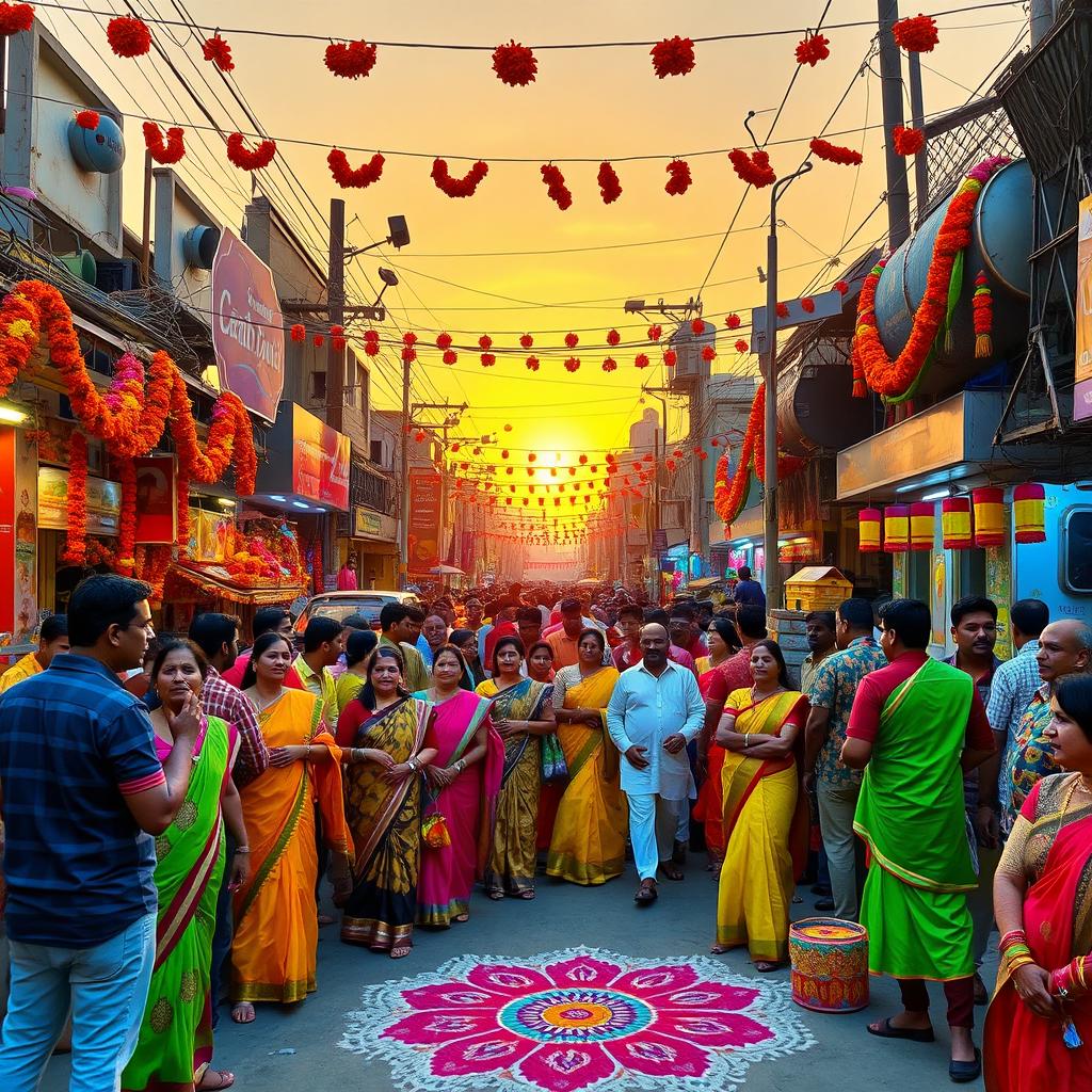 A vibrant and colorful Indian festival scene, showcasing a crowded street adorned with traditional decorations, including colorful lights and flower garlands