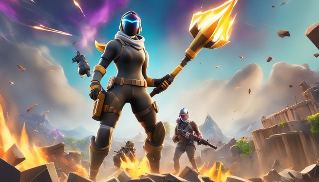 A Fortnite character in full battle gear stands amidst a chaotic battlefield in this 32k HD digital art piece designed for a YouTube thumbnail