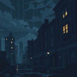 A dark pixel art scene depicting a gloomy city with panel buildings lining the streets