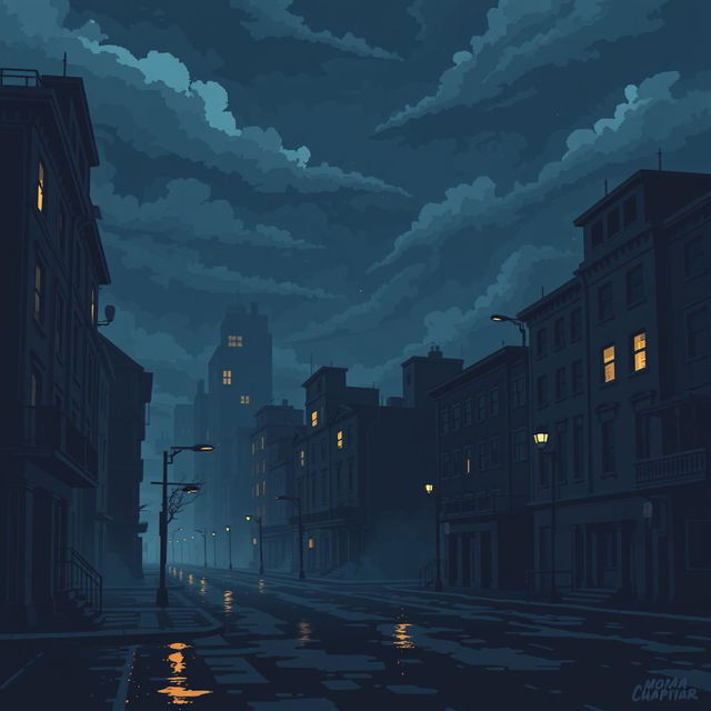 A dark pixel art scene depicting a gloomy city with panel buildings lining the streets